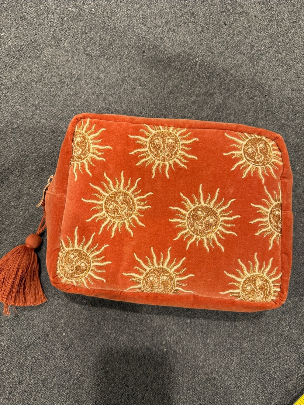 Elizabeth Scarlett Embroidered Sun Velvet lined Washbag - Burnt Orange